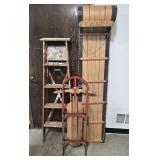 Vintage Sears Toboggan, Wooden Sled, and Step Ladder Set