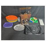 Mixed Household Lot with Metal Flower Cart, Plastic Plates, Drop Cloth, Bulb, and Storage Items
