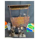 Mixed Household Lot with Metal Flower Cart, Plastic Plates, Drop Cloth, Bulb, and Storage Items