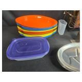 Mixed Household Lot with Metal Flower Cart, Plastic Plates, Drop Cloth, Bulb, and Storage Items