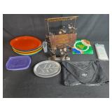 Mixed Household Lot with Metal Flower Cart, Plastic Plates, Drop Cloth, Bulb, and Storage Items