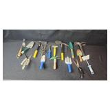 Assorted Garden Hand Tools Collection including Trowels, Forks, and Shears