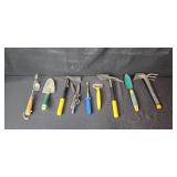 Assorted Garden Hand Tools Collection including Trowels, Forks, and Shears