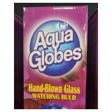 Lot of Aqua Globes Hand-Blown Glass Watering Bulbs with Glow Drops Garden Ornament and Pair of Brass Crane Sculptures