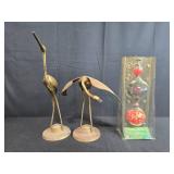 Lot of Aqua Globes Hand-Blown Glass Watering Bulbs with Glow Drops Garden Ornament and Pair of Brass Crane Sculptures