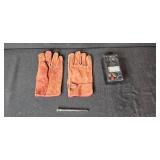 Workshop Supplies Lot: Cleaning Compound, Electrical Parts, Gloves, Abrasive Belts, and Tools