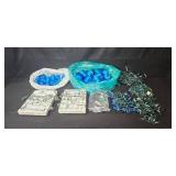 Collection of Christmas Lights and Blue Ornament Balls in Storage Bin
