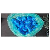 Collection of Christmas Lights and Blue Ornament Balls in Storage Bin