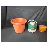 Assorted Garden Watering Cans, Flower Pots, Baskets, and Garden Stand
