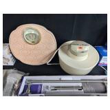 Household and Bathroom Accessory Lot with Vintage Scale, Filters, Hair Styler, and More