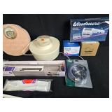 Household and Bathroom Accessory Lot with Vintage Scale, Filters, Hair Styler, and More