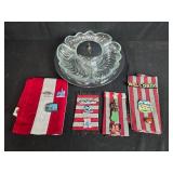 Glass Divided Serving Tray with Metal Base, Fabric Napkins & Runner & Set of Vintage Travel Magnets