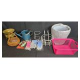 Mixed Garden Tools and Accessories Lot with Gloves, Baskets, Watering Can, and Plant Holders