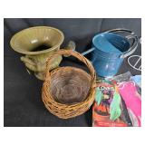 Mixed Garden Tools and Accessories Lot with Gloves, Baskets, Watering Can, and Plant Holders