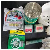 Assorted Garden and Utility Tools Lot with Pail & Bird Bath De-Icer - content quantities unverified