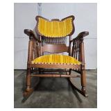 Vintage Wood Rocking Chair with Yellow Velvet Upholstery