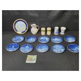 Collection of Decorative Plates, Coalport Bone China, Otagiri Salt and Pepper, and Caughley Mask-Head Jug