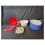 Holiday Partyware Lot with White Plastic Tubs, Blue Storage Basket, Plates, Napkins, and Cinnamon Candle