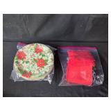 Holiday Partyware Lot with White Plastic Tubs, Blue Storage Basket, Plates, Napkins, and Cinnamon Candle