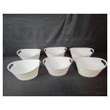 Holiday Partyware Lot with White Plastic Tubs, Blue Storage Basket, Plates, Napkins, and Cinnamon Candle