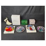 Set of Collectible Barbie Plates and Figurines Including Christmas Around the World, Snowbabies, and Dreamscicles