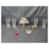 Collection of 4 Glass Tumblers, Brass Wall Sconce with Shade, Grouse Ashtray, and Tape Measure