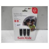 NEW SanDisk 64GB Ultra USB 3.0 Flash Drive 3 Pack