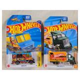 Hot Wheels and Matchbox Die-Cast Vehicles Collection featuring models such as the Hot Wheels "Quick Bite," "Hiway Hauler 2," "Ultimate T-Rex Transporter," and the Matchbox "MBX Self-Driving Bus."