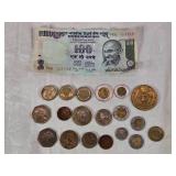 Lot of Mixed Currency Including Indian Rupees and Various Coins
