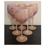 O - Set of 6 Frosted Art Glass Wine Goblets with Purple Drip Design