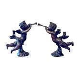 LR - Pair of Department 56 Cast Metal Cherub Candle Holders with Trumpets