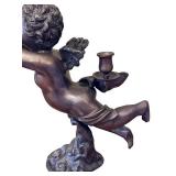 LR - Pair of Department 56 Cast Metal Cherub Candle Holders with Trumpets