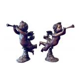LR - Pair of Department 56 Cast Metal Cherub Candle Holders with Trumpets