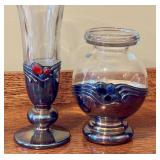 Domar Israel 925 Sterling Silver and Glass Vase Pair with Malachite, Carnelian, and Onyx Accents