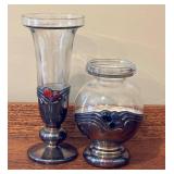 Domar Israel 925 Sterling Silver and Glass Vase Pair with Malachite, Carnelian, and Onyx Accents