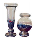 Domar Israel 925 Sterling Silver and Glass Vase Pair with Malachite, Carnelian, and Onyx Accents