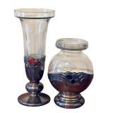 Domar Israel 925 Sterling Silver and Glass Vase Pair with Malachite, Carnelian, and Onyx Accents