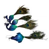 K - Set of 3 Peacock Ornaments with Glass Body and Real Feathers