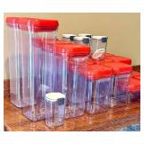 K - Set of 14 Clear Plastic Food Storage Containers with Red Lids and 4 Mini Containers