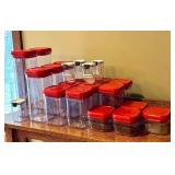 K - Set of 14 Clear Plastic Food Storage Containers with Red Lids and 4 Mini Containers