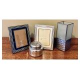LR - Home Decor Collection with 2 Silver Picture Frames, Glass Candle Holder, and Anthropologie Candle