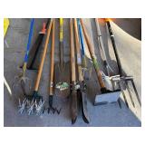 G - Collection of 9 Yard and Garden Tools Including Shovel, Post Hole Digger, Tampers, and Rakes