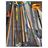 G - Collection of 9 Yard and Garden Tools Including Shovel, Post Hole Digger, Tampers, and Rakes