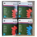 G - Lot of 4 GE 50 LED C7 Holiday String Lights Red and Blue