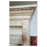 BS - Tall Cream Wood Bookcase with Ornate Carved Details and Drop-Down Door