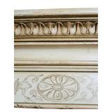 BS - Tall Cream Wood Bookcase with Ornate Carved Details and Drop-Down Door