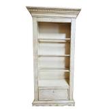 BS - Tall Cream Wood Bookcase with Ornate Carved Details and Drop-Down Door