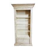 BS - Tall Cream Wood Bookcase with Ornate Carved Details and Drop-Down Door
