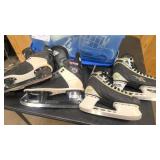 Tote with two pairs of hockey skates, 2 pairs of figure skates, and hockey helmet