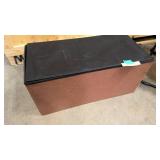 Collapsable storage bin, and grey saucer chair with metal frame